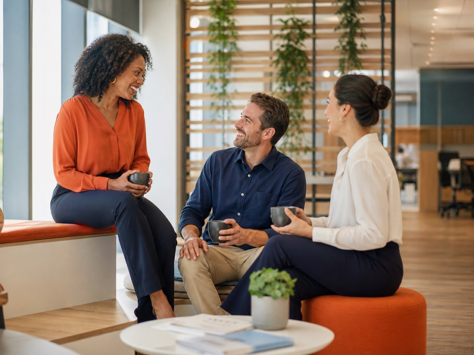 Profissionais conversando em um ambiente de trabalho saudável
